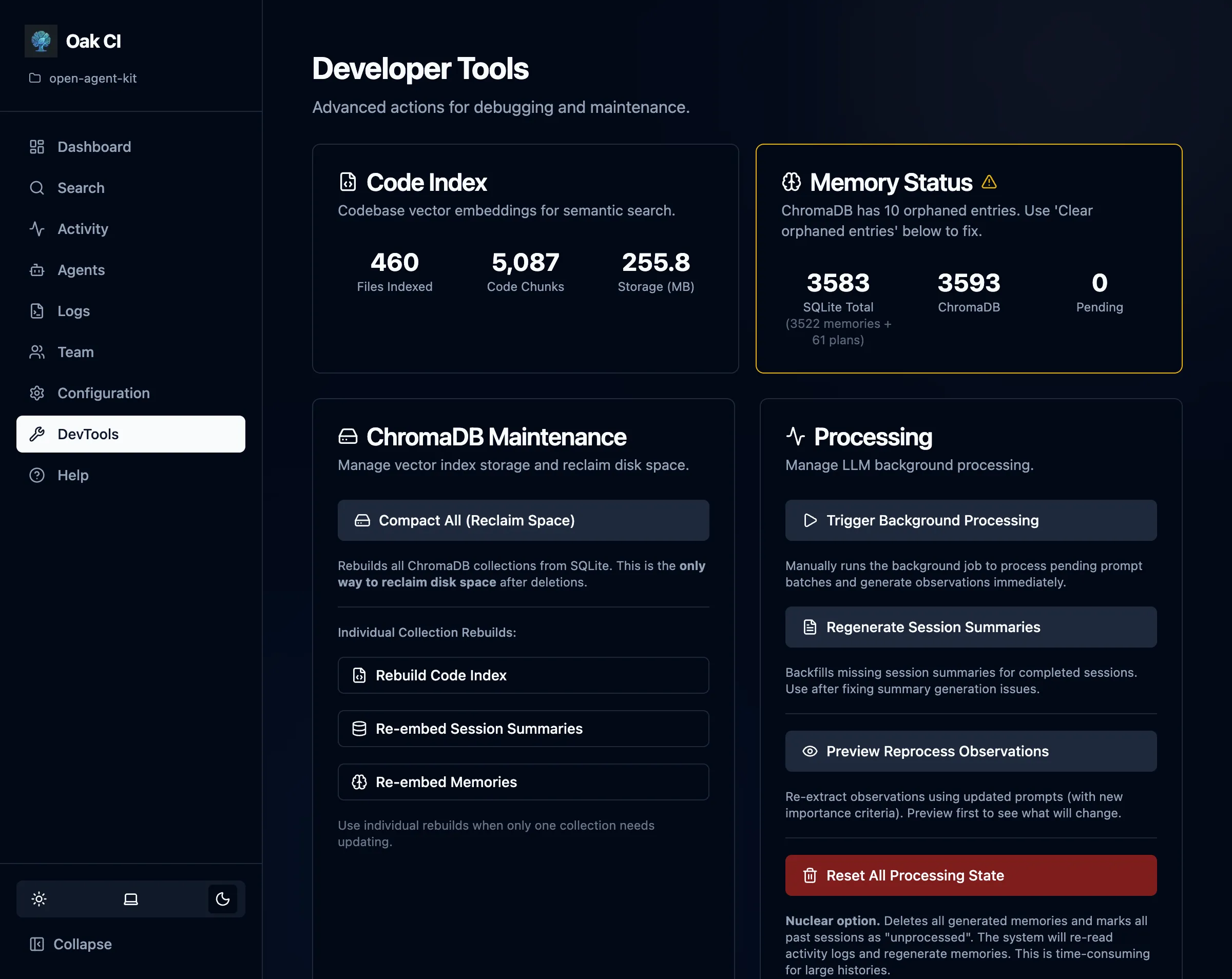 DevTools page showing stats and maintenance actions