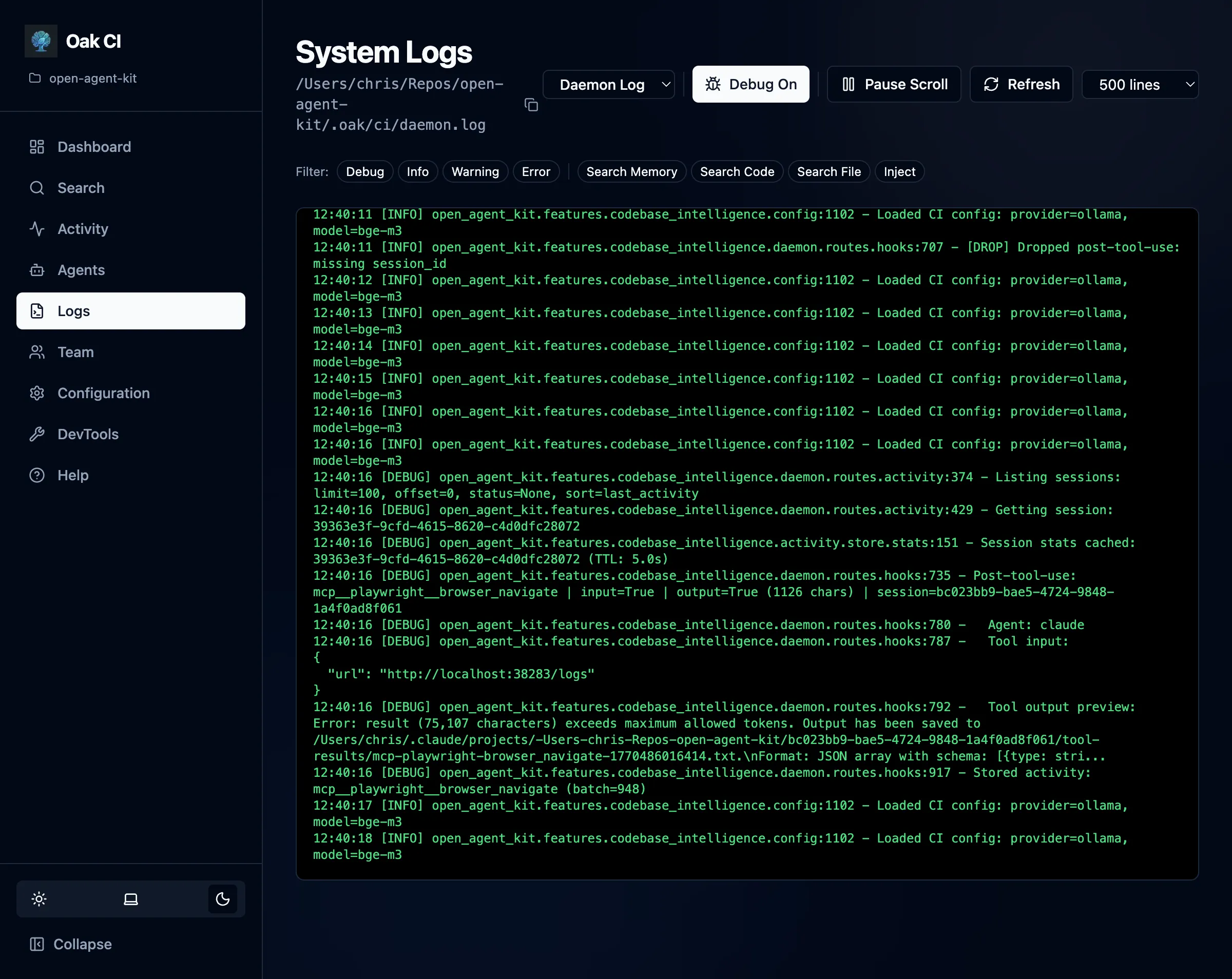 Logs page with daemon log and tag chip filters
